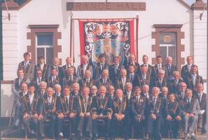 Sir Knts of RBP 80 out side Edenderry Orange Hall in 1987. Sitting in the middle is the Late Sir Knt Bob Guy, Black Lecturer